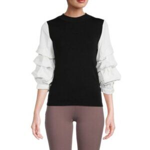 Gracia Size Large Black Tiered Sleeve High Crewneck Twofer Sweater Top Romantic